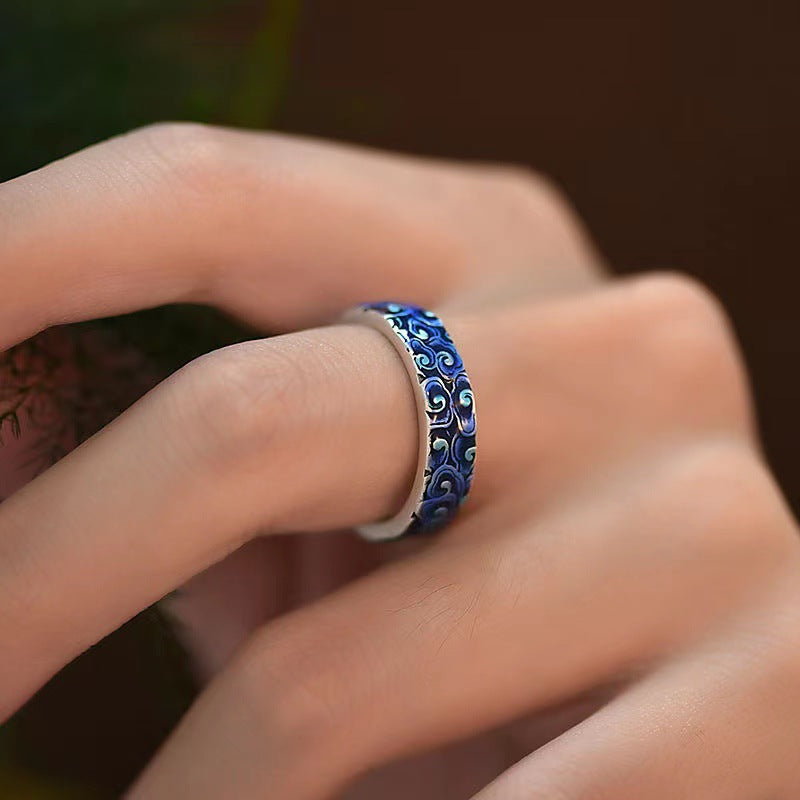 Wear FengShui Blue Auspicious Clouds Design Healing Copper Adjustable Ring