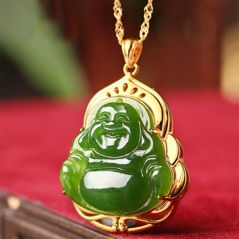 Wear FengShui 925 Sterling Silver Natural Hetian Cyan Jade Laughing Buddha 18K Gold Healing Necklace Chain Pendant