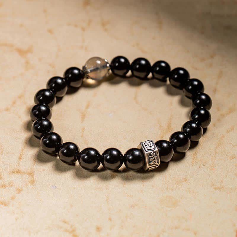 Wear FengShui Chinese Zodiac Natal Buddha 925 Sterling Silver Black Obsidian Moonstone Strength Bracelet