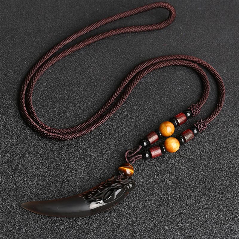 Wear FengShui Natural Ice Obsidian Wolf Tooth Pattern Courage Necklace Pendant