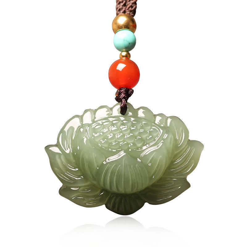 Wear FengShui Hetian Cyan Jade Lotus Flower Success Necklace Pendant