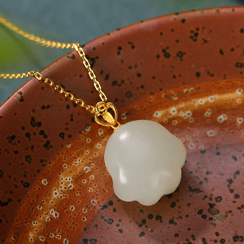 Wear FengShui 925 Sterling Silver Hetian White Jade Cute Cat Paw Luck Necklace Pendant