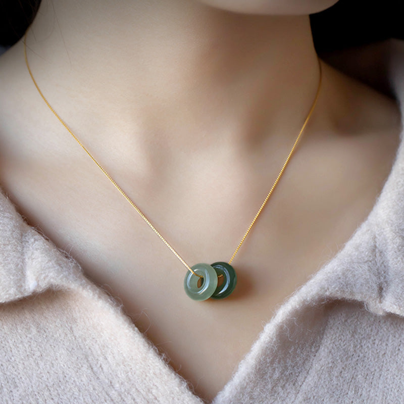 Wear FengShui Natural Round Jade Peace Buckle Luck Abundance Necklace Pendant