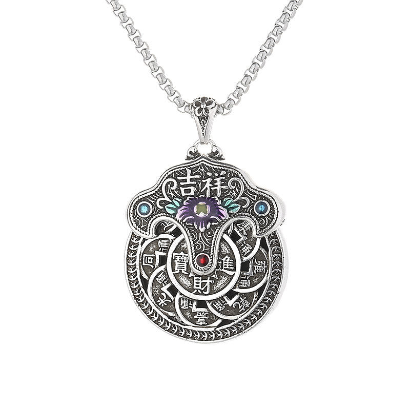 Wear FengShui Peony Flower Copper Coins Wealth Necklace Pendant