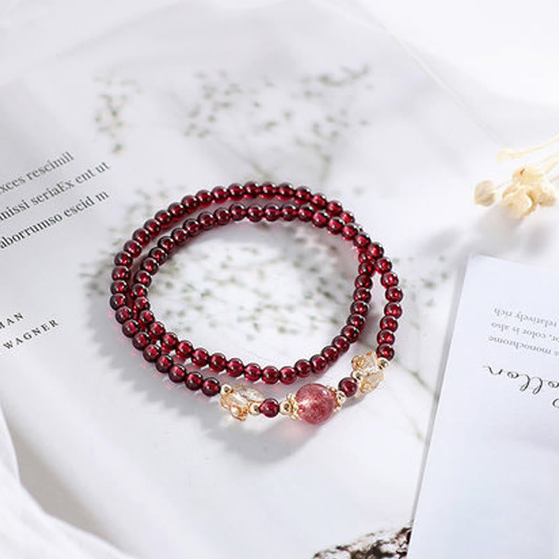 Wear FengShui 14K Gold Plated Natural Garnet Strawberry Quartz Butterfly Protection Double Wrap Bracelet