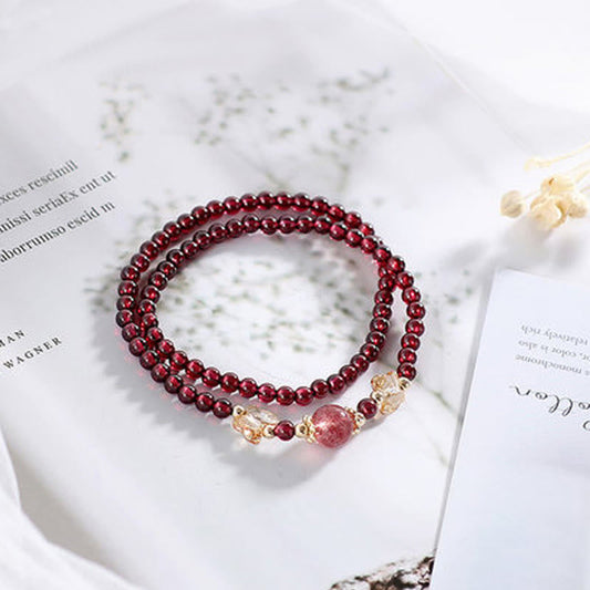 Wear FengShui 14K Gold Plated Natural Garnet Strawberry Quartz Butterfly Protection Double Wrap Bracelet