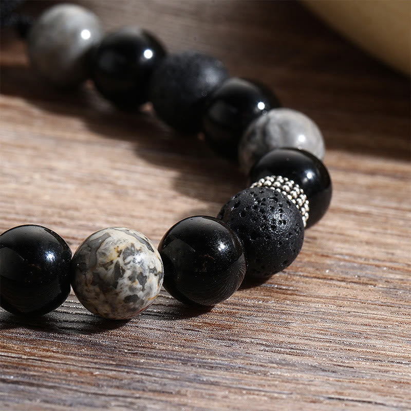 Wear FengShui Vintage Lava Rock Black Obsidian Picasso Jasper Beads Support Rope Bracelet