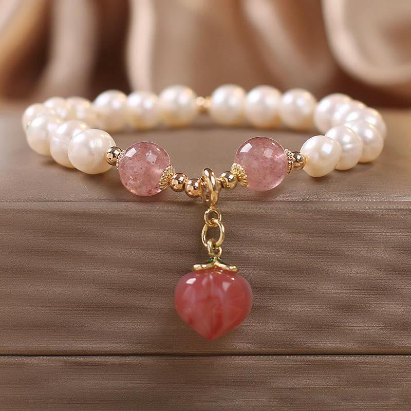 Wear FengShui Natural Pearl Strawberry Quartz Peach Love Heart Wisdom Charm Bracelet