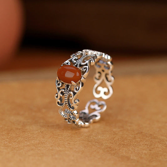 Wear FengShui 925 Sterling Silver Vintage Red Agate Self-acceptance Calm Ring