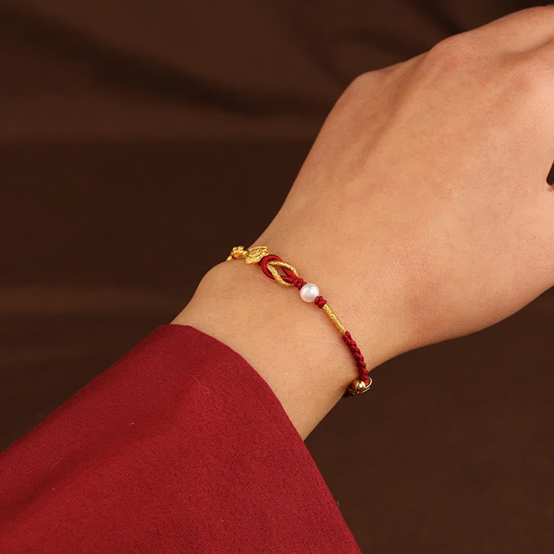 Wear FengShui 24K Gold Wish Ruyi Handle Fu Character Rabbit Pearl Luck Braided Bracelet