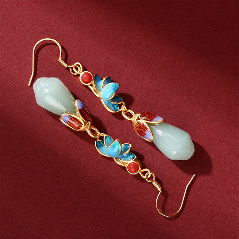 Wear FengShui Magnolia Flower Jade Pattern Luck Prosperity Drop Dangle Earrings