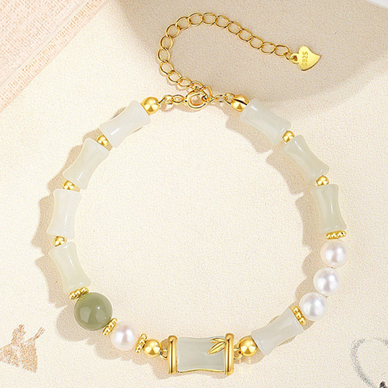 Wear FengShui 925 Sterling Silver Natural Hetian White Jade Bamboo Luck Blessing Bracelet