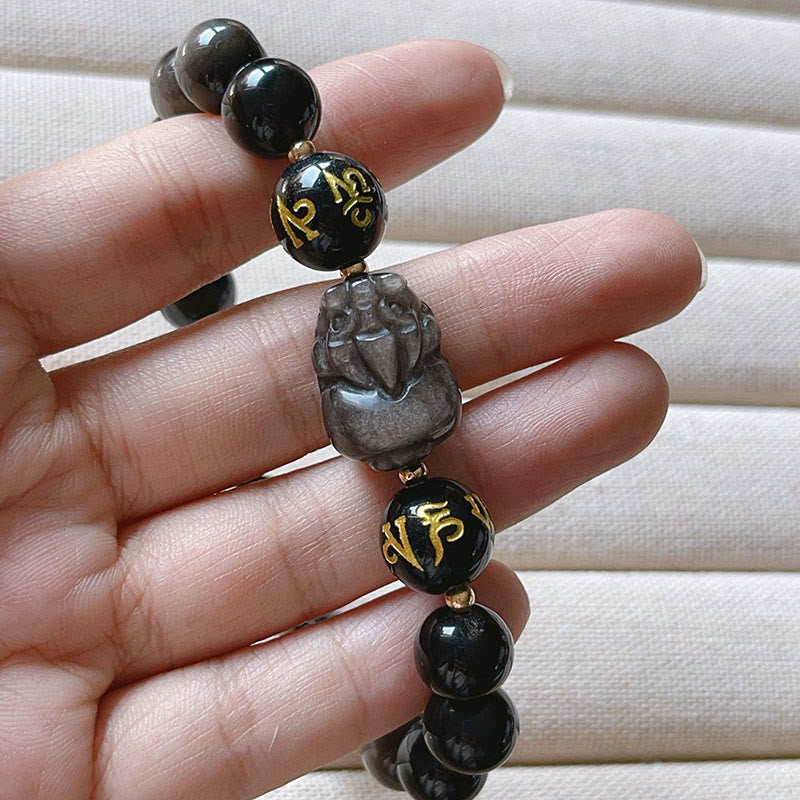 Wear FengShui Natural Silver Sheen Obsidian Black Obsidian Om Mani Padme Hum Pixiu Protection Bracelet