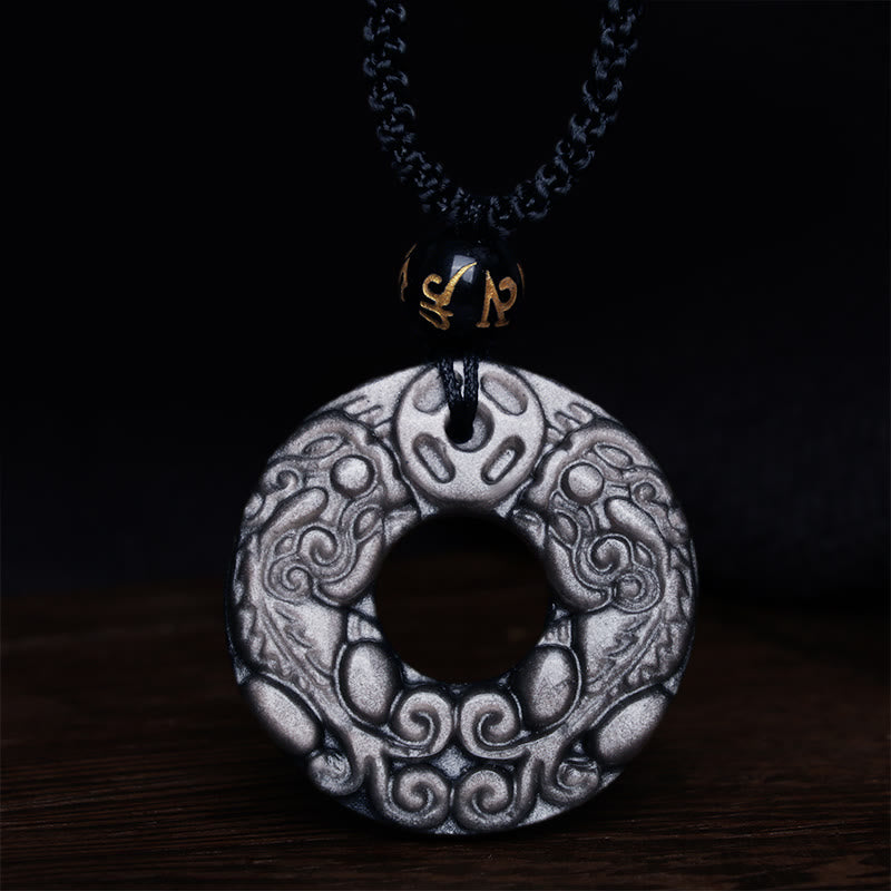 Wear FengShui Natural Silver Sheen Obsidian Double PiXiu Copper Coin Peace Buckle Protection Necklace Pendant