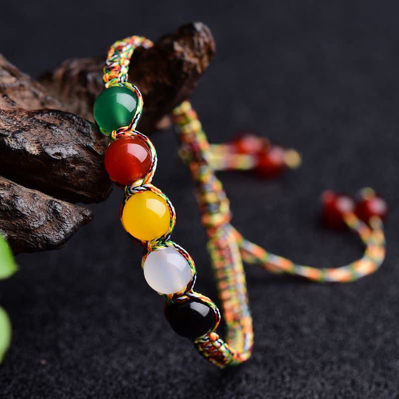 Wear FengShui Colorful Agate Metal Wood Water Fire Earth Five Elements String Bracelet