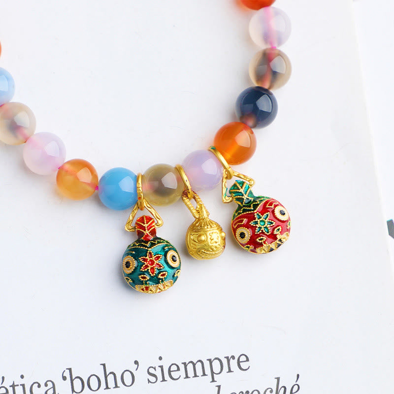Wear FengShui Colorful Candy Agate Gold Swallowing Beast Family Peach Harmony Charm Bracelet