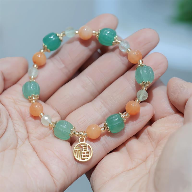Wear FengShui Natural Golden Silk Jade Pumpkin Bead Fu Character Charm Wealth Bracelet
