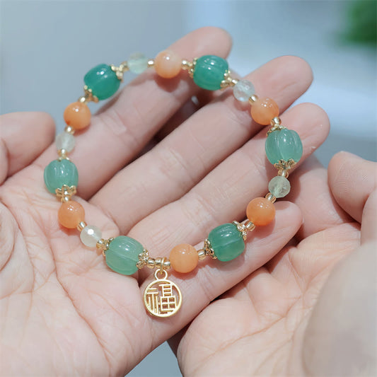Wear FengShui Natural Golden Silk Jade Pumpkin Bead Fu Character Charm Wealth Bracelet