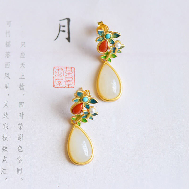 Wear FengShui Water Drop White Jade Red Agate Butterfly Protection Drop Dangle Earrings