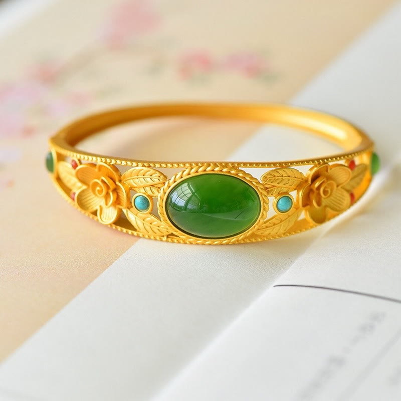 Wear FengShui Cyan Jade White Jade Flower Leaf Harmony Luck Bracelet Bangle