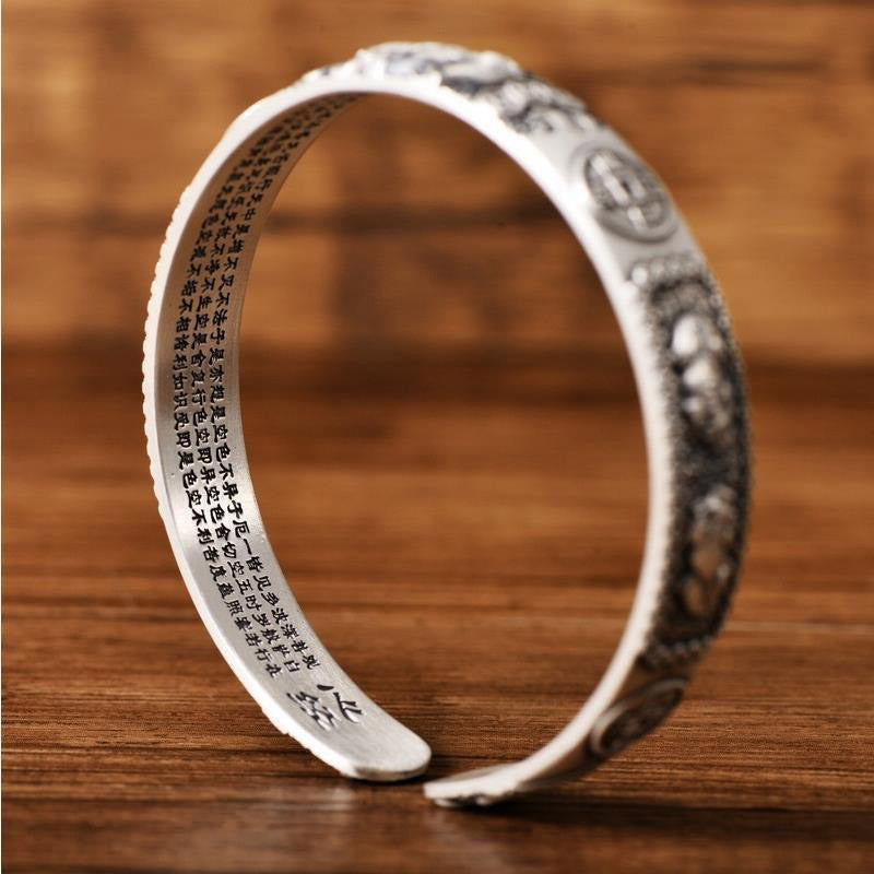 Wear FengShui Tibetan PiXiu Heart Sutra Coin White Copper Wealth Bracelet Adjustable Bangle