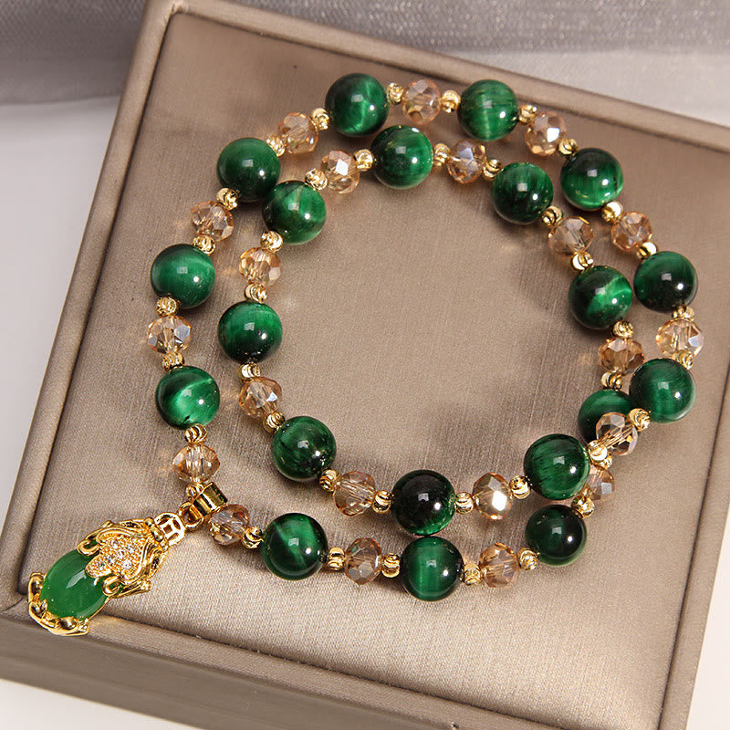 Wear FengShui Tiger Eye Pixiu Fox Money Bag Protection Self Confidence Double Wrap Bracelet