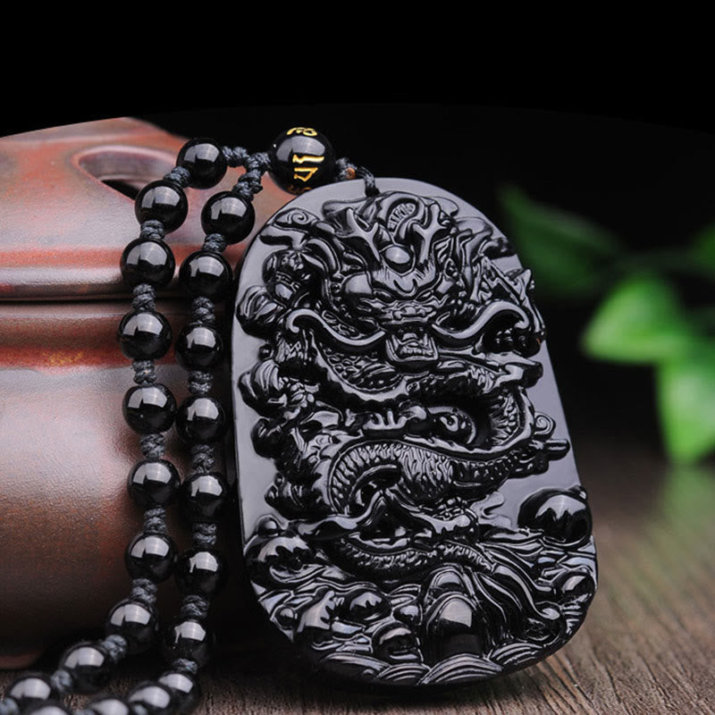Wear FengShui Black Obsidian Stone Dragon Fulfilment Pendant Necklace