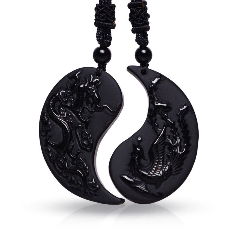 Wear FengShui Black Obsidian Yin Yang Dragon Phoenix Luck Necklace Pendant