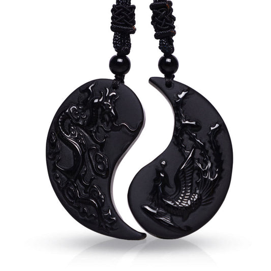 Wear FengShui Black Obsidian Yin Yang Dragon Phoenix Luck Necklace Pendant