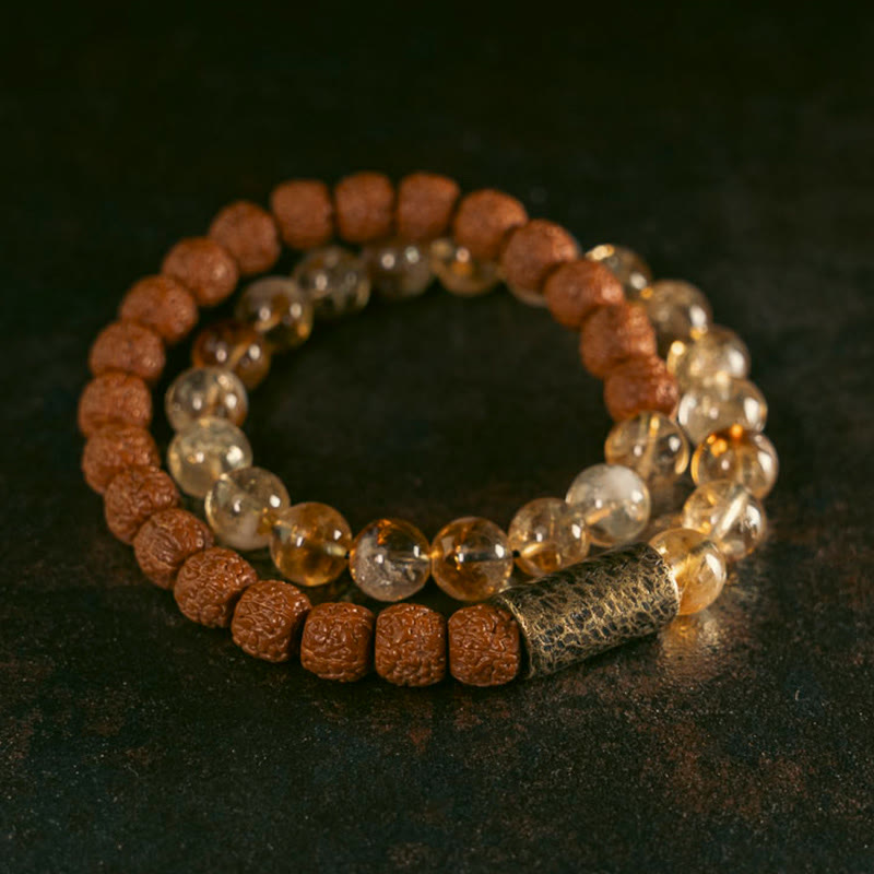 Wear FengShui Natural Citrine Crystal Rudraksha Bodhi Seed Brass Bead Prosperity Double Wrap Bracelet
