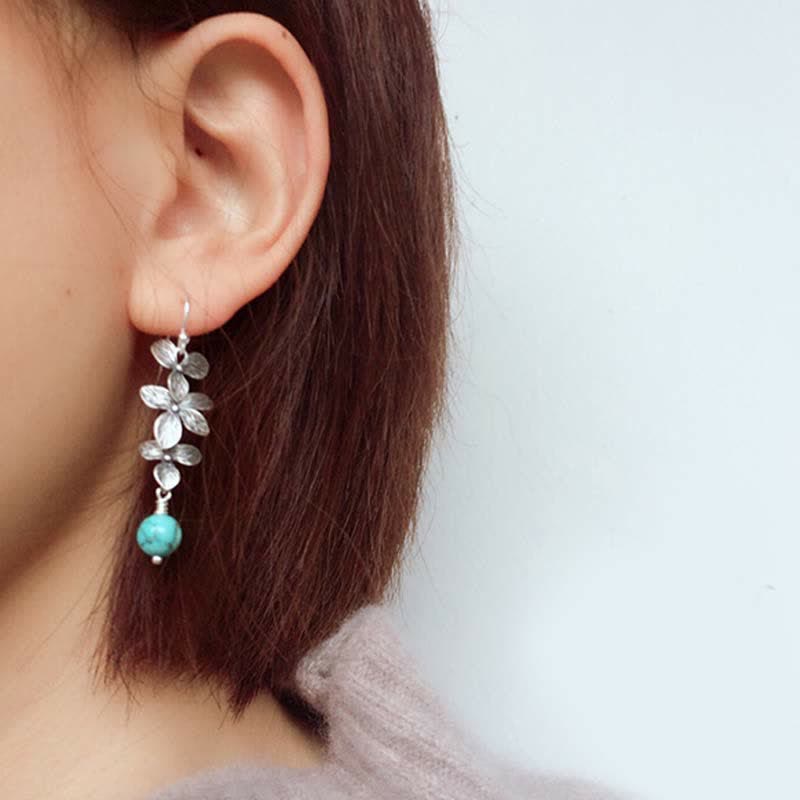 Wear FengShui 925 Sterling Silver Turquoise Lazurite Flower Leaf Serenity Protection Hook Drop Dangle Earrings