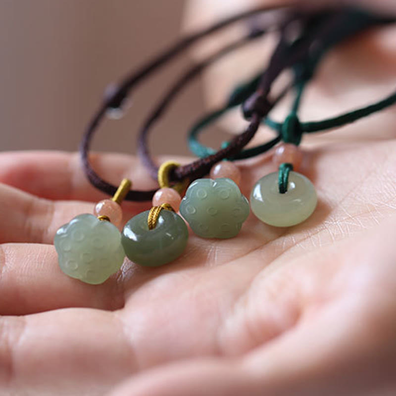 Wear FengShui Natural Round Jade Peace Buckle Lotus Abundance String Necklace Pendant