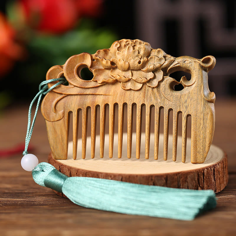 Wear FengShui Green Sandalwood Fox Peony Flower Lotus Engraved Cure Tassel Comb