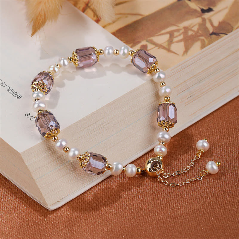 Wear FengShui Natural Amethyst Pearl Peace Healing Chain Bracelet