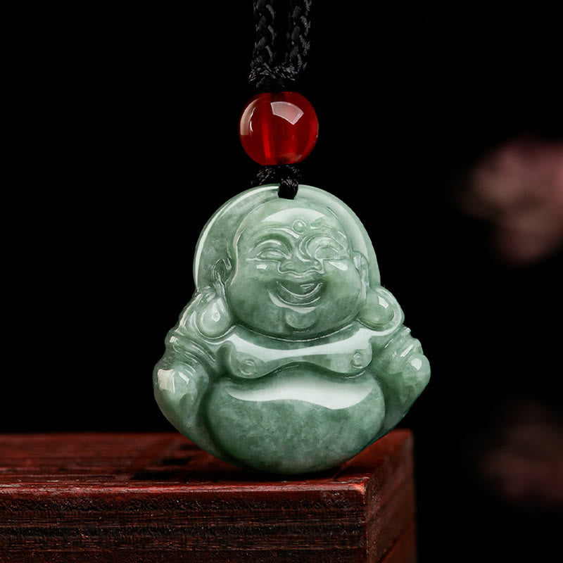 Wear FengShui Natural Green Jade Laughing Buddha Luck Abundance Necklace Pendant