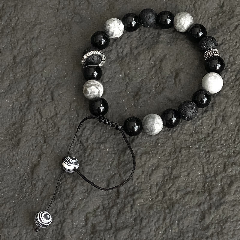 Wear FengShui Vintage Lava Rock Black Obsidian Picasso Jasper Beads Support Rope Bracelet