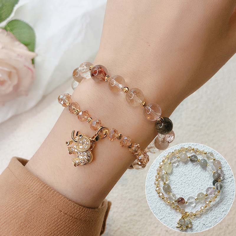 Wear FengShui Rose Quartz Elephant Healing Energy Charm Bracelet