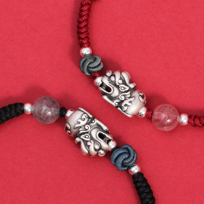 Wear FengShui 999 Sterling Silver PiXiu Strawberry Quartz Bead Wealth Luck Braided Bracelet