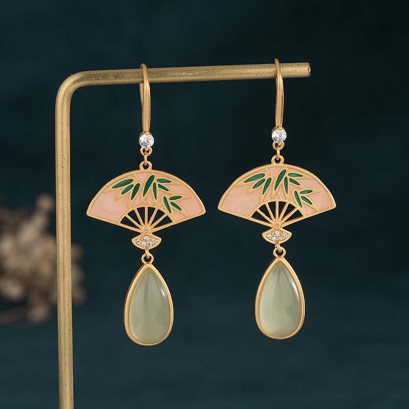 Wear FengShui Natural Green Aventurine Fan Pattern Luck Drop Earrings