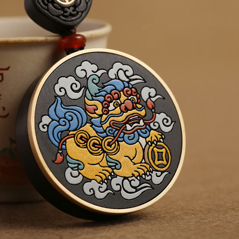 Wear FengShui PiXiu Copper Coin Ebony Wood Luck Attract Wealth Key Chain Decoration
