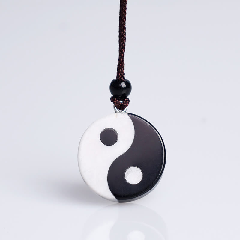 Wear FengShui Natural Black Obsidian White Turquoise Yin Yang Fulfilment Strength Necklace Pendant