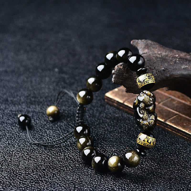 Wear FengShui Natural Gold Sheen Obsidian PiXiu Om Mani Padme Hum Wealth Braided Bracelet