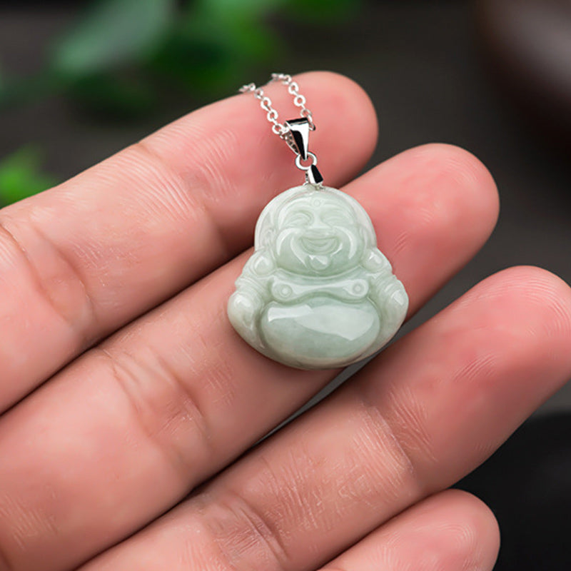 Wear FengShui Laughing Buddha Jade Blessing Titanium Steel Chain Necklace Pendant