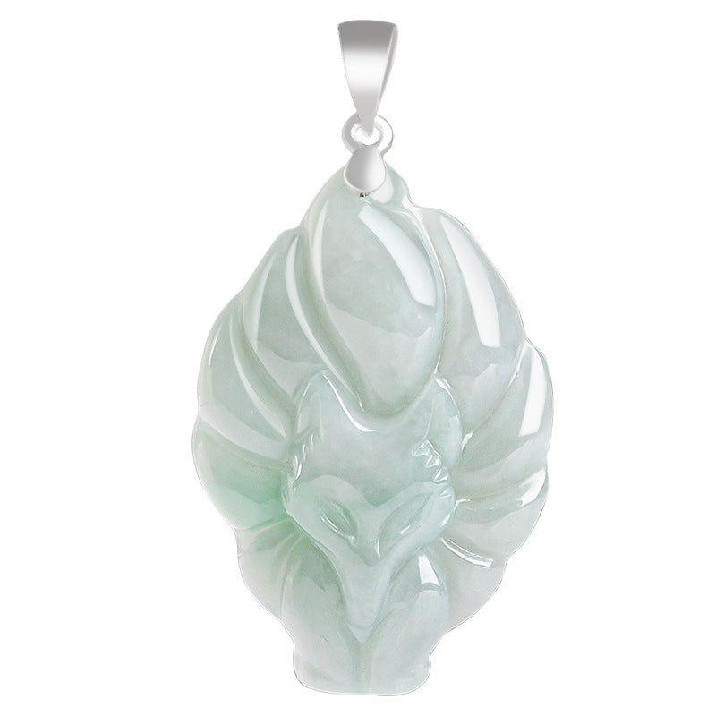 Wear FengShui Natural Jade Nine Tailed Fox Prosperity Titanium Steel Chain Necklace Pendant