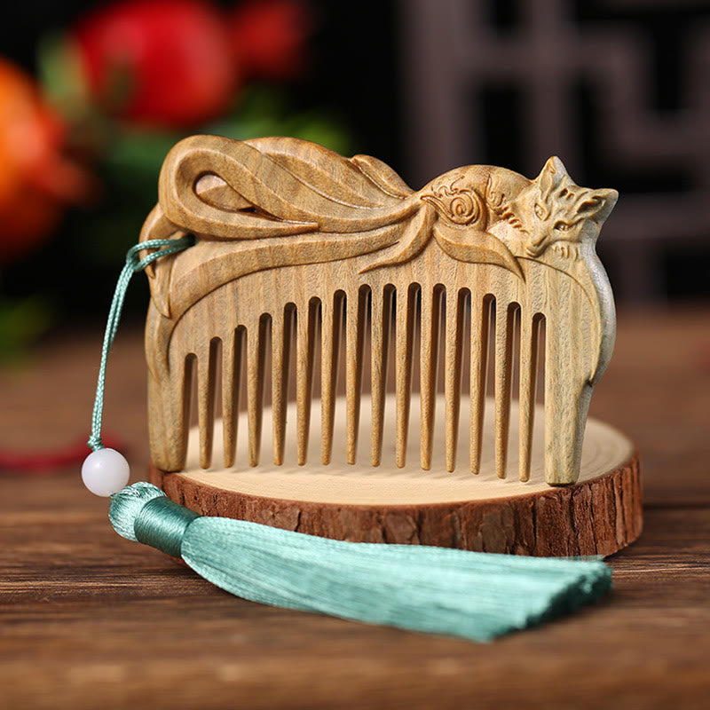 Wear FengShui Green Sandalwood Fox Peony Flower Lotus Engraved Cure Tassel Comb