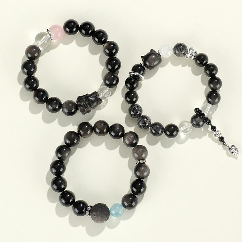 Wear FengShui Natural Silver Sheen Obsidian Cat Head Fox Planet Protection Bracelet
