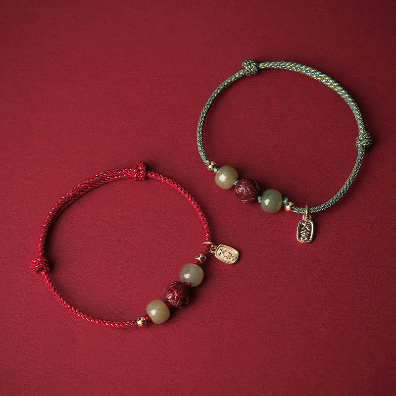Wear FengShui 14K Gold Plated Hetian Jade Cinnabar Lotus Luck Handcrafted Rope Bracelet