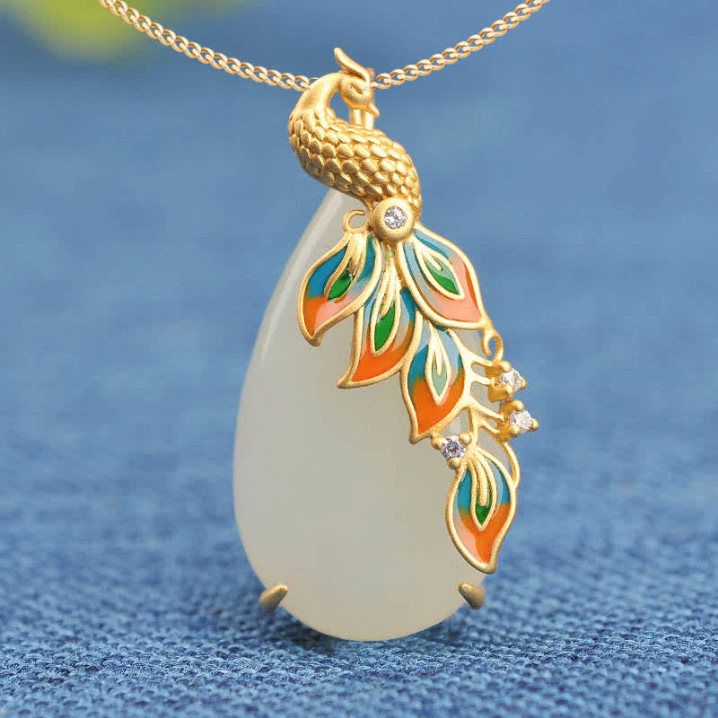 Wear FengShui White Jade Peacock Protection Necklace Chain Pendant