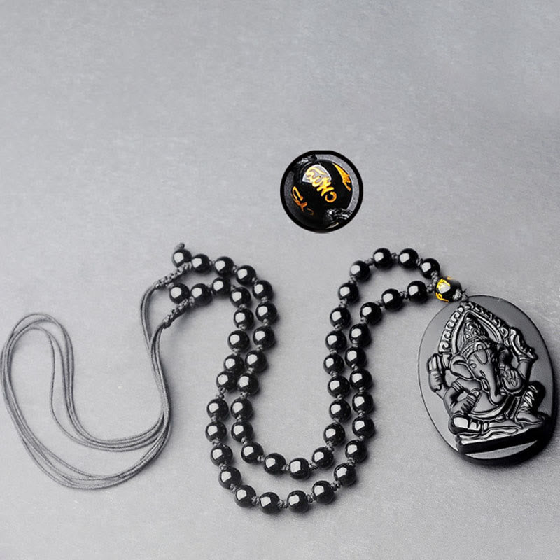 Wear FengShui Tibetan Obsidian Ganesh Ganpati Elephant Wealth Amulet Necklace