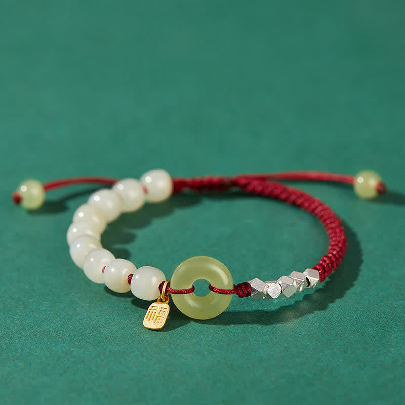 Wear FengShui 925 Sterling Silver Hetian Jade Peace Buckle Beaded Luck Happiness Charm Bracelet